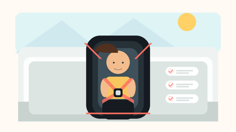 Child sitting safely in a fitted car seat with harness checks