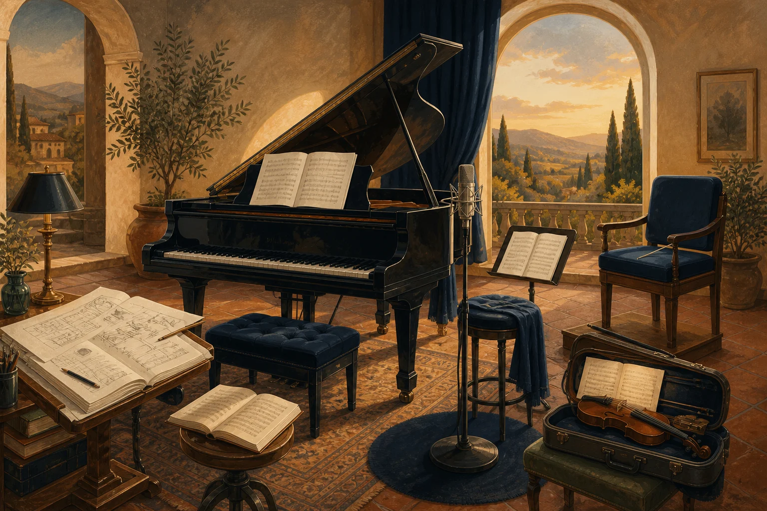 Elegant family music room with grand piano microphone sheet music engineering plans and three distinct creative work areas