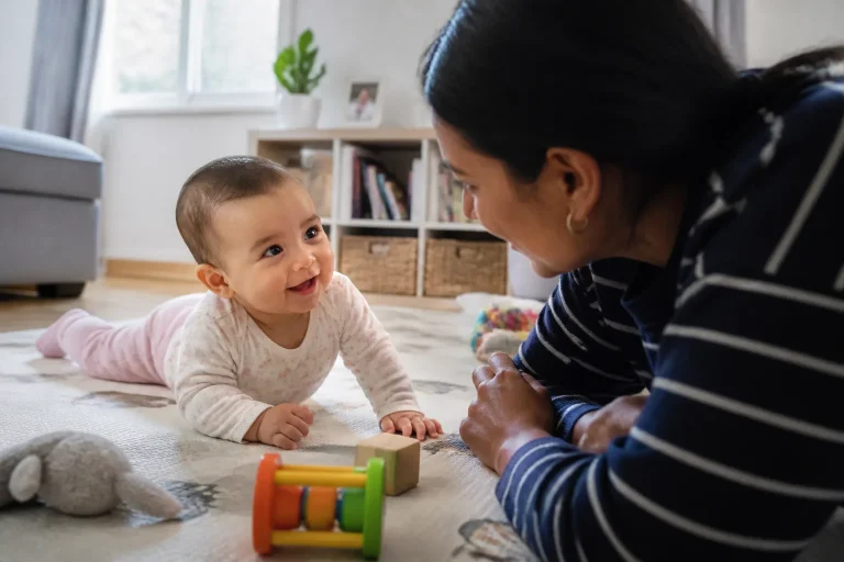 Alert baby enjoying supervised floor play with a parent during a daytime wake window