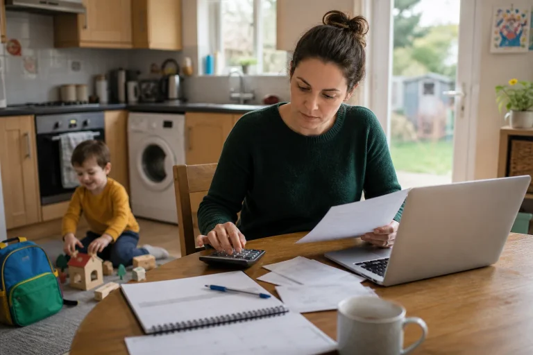 Parent comparing childcare costs at a kitchen table while their child plays