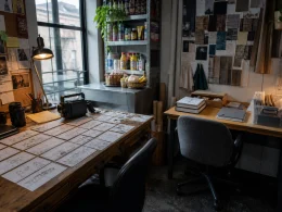 New York film workroom with two distinct desks directing boards production design materials and bodega details without people