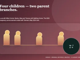 Original editorial graphic explaining Hilary Duff four children Luca Banks Mae and Townes across two parent branches without using likenesses