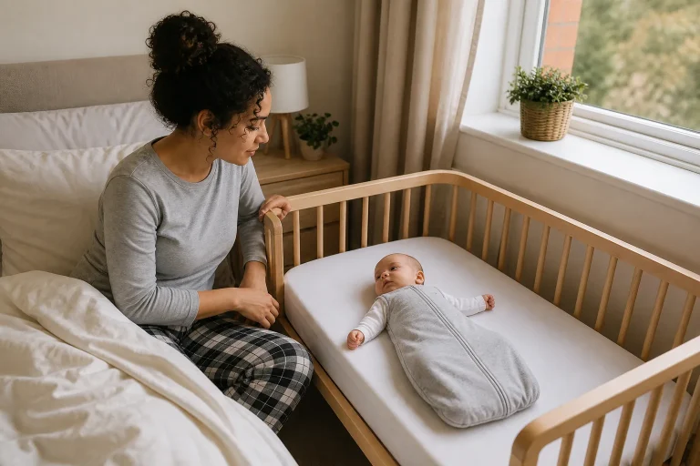 Awake parent watching their newborn lying safely on their back in a clear bedside cot